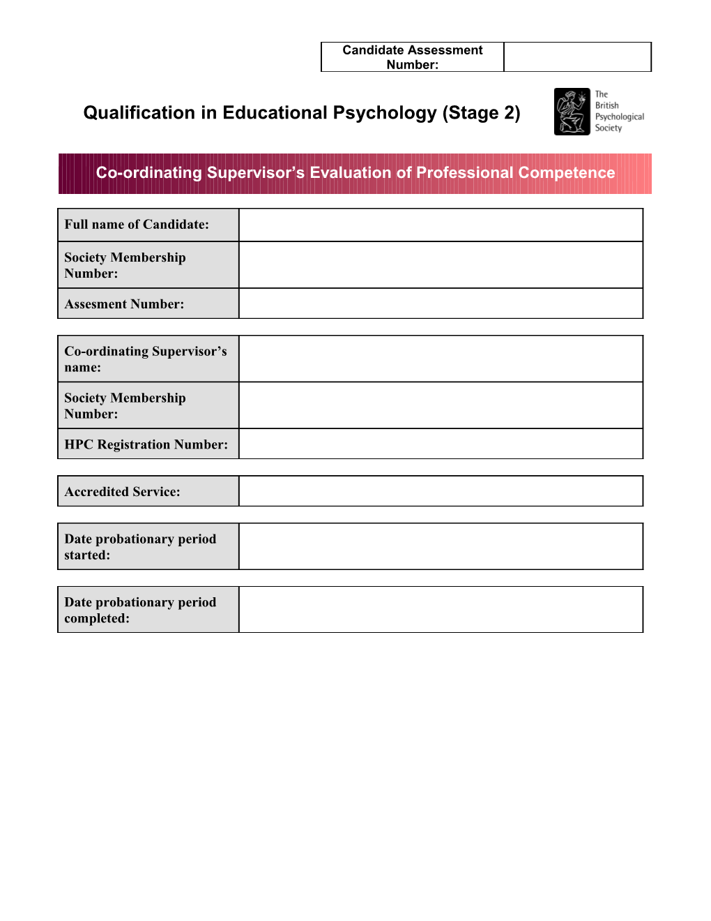 Co-Ordinating Supervisor S Evaluation of Professional Competence