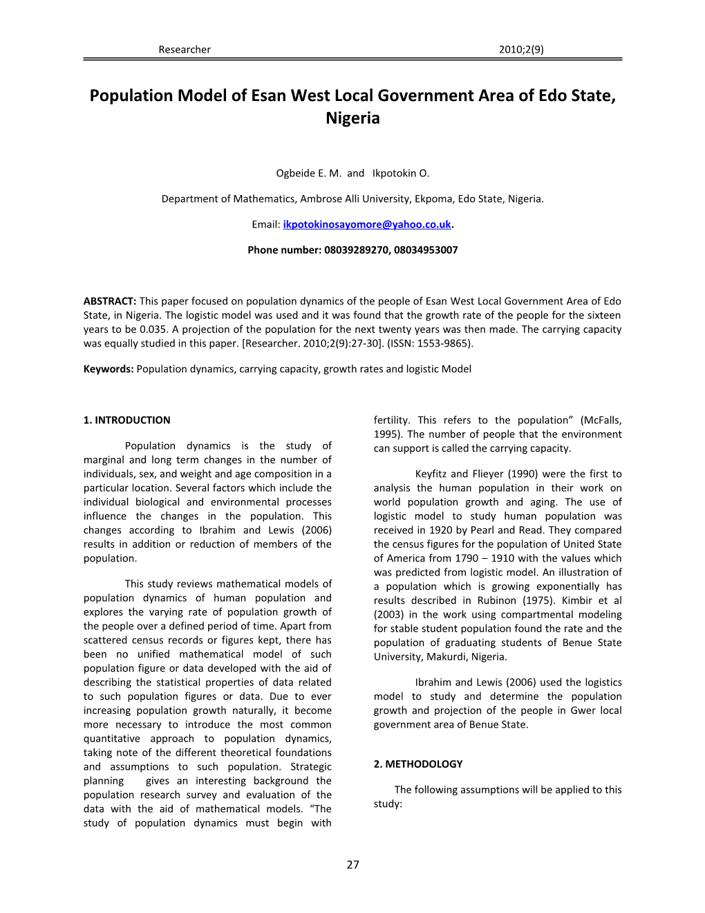 Population Modelof Esan West Local Government Area Ofedo State, Nigeria