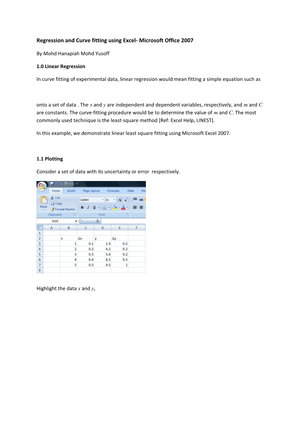 Regression and Curve Fitting Using Excel- Microsoft Office 2007