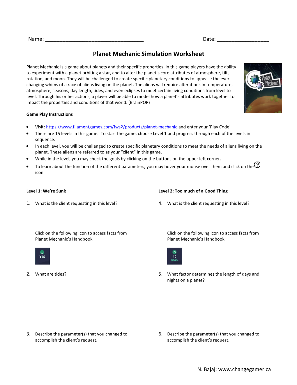 Planet Mechanic Simulation Worksheet