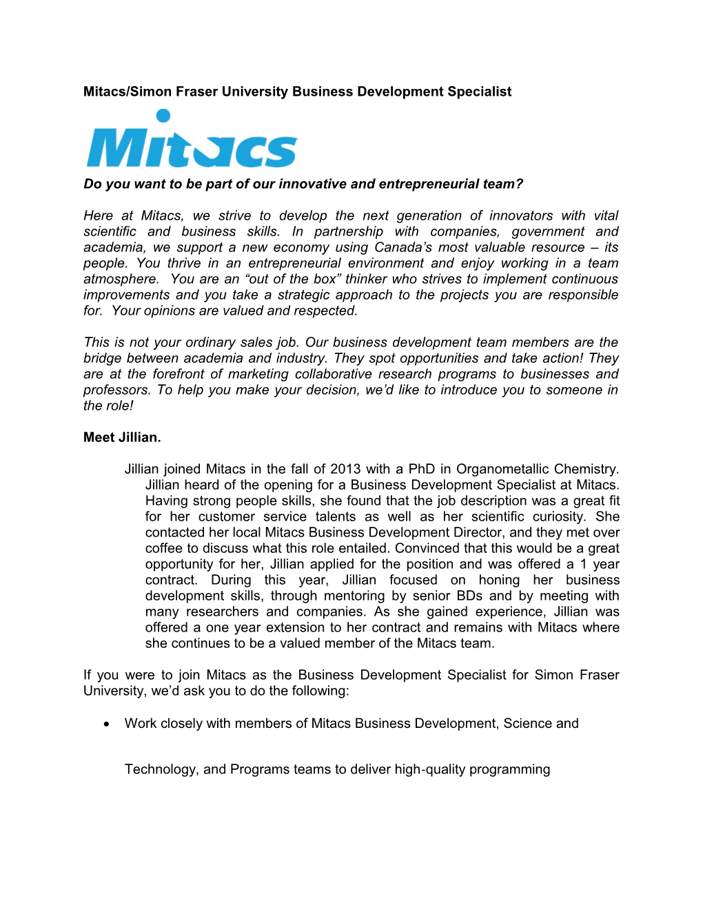Mitacs/Simon Fraser University Business Development Specialist
