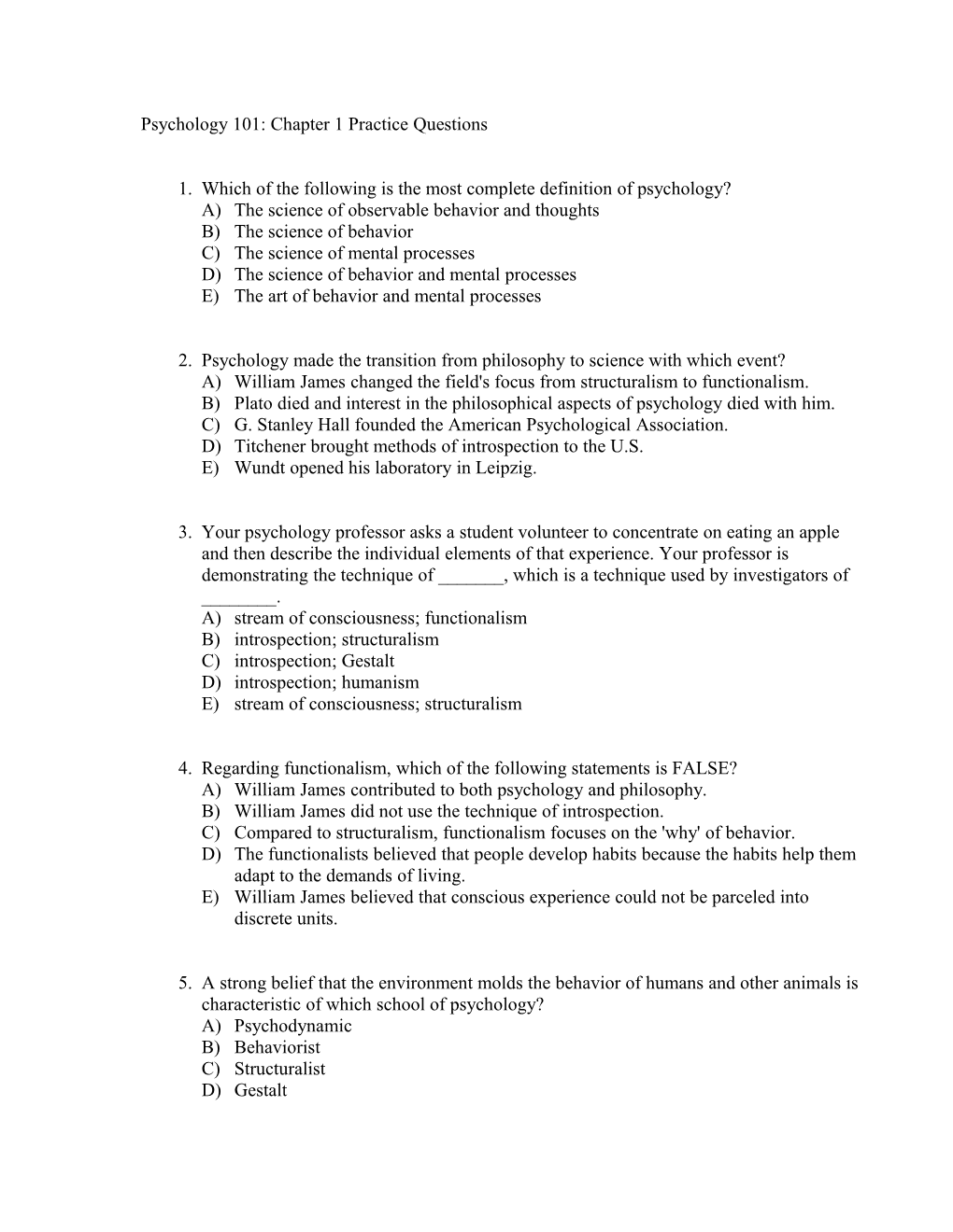 Psychology 101: Chapter 1 Practice Questions