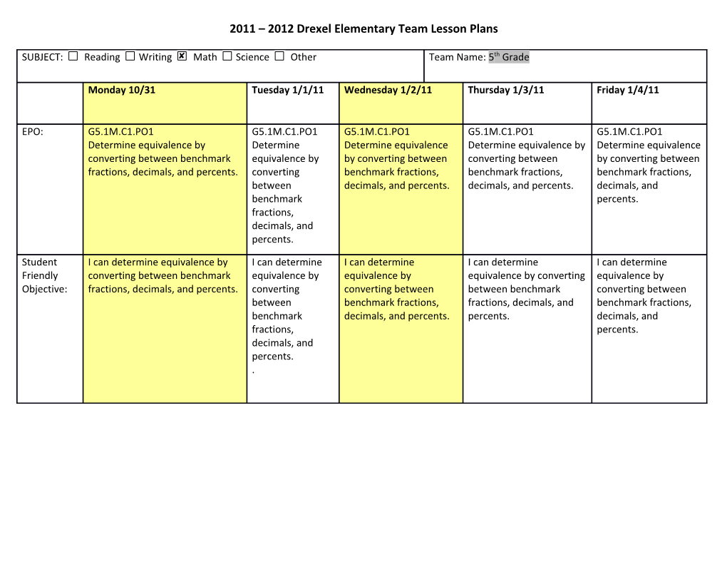 2011 2012 Drexel Elementary Team Lesson Plans