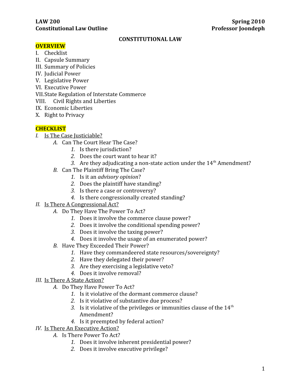 Constitutional Law Outline Professor Joondeph