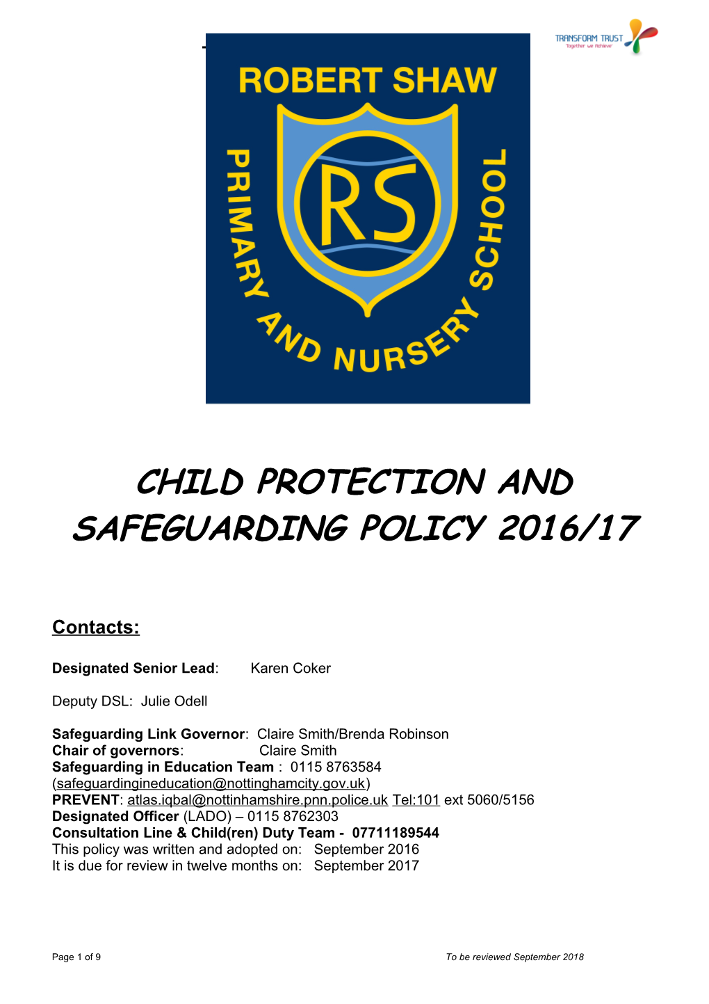 Child Protection Policy Framework for Nottingham Schools