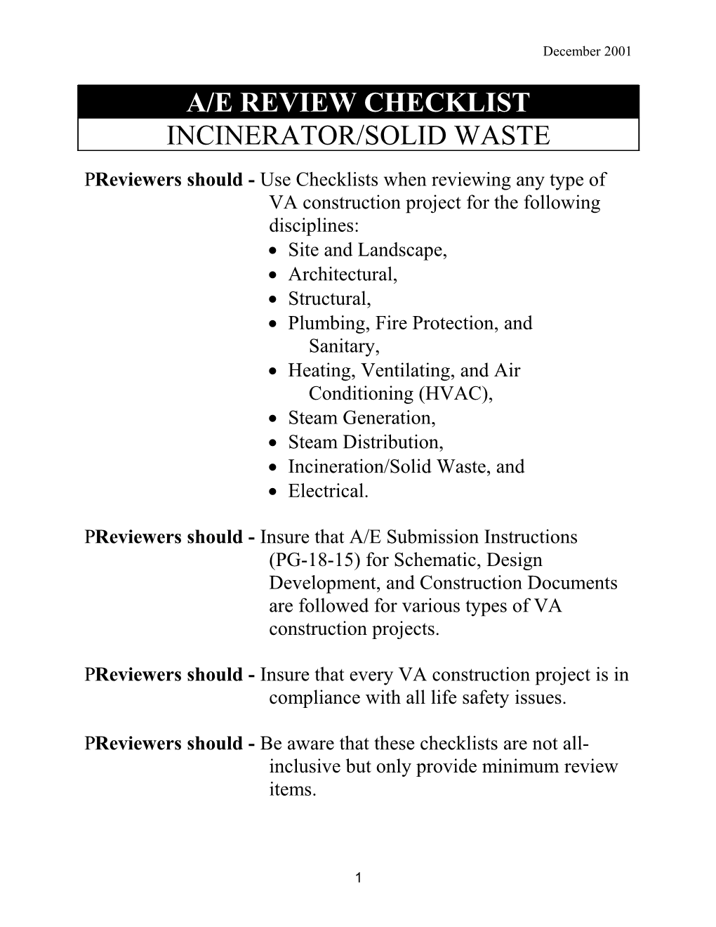 A/E Review Checklist - Incinerator/Solid Waste