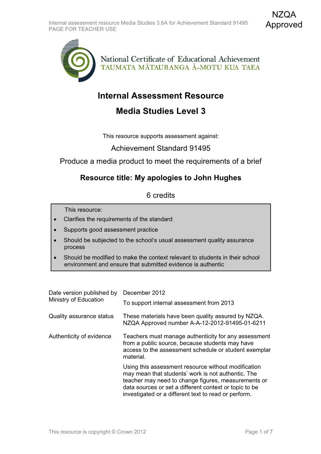 Level 3 Media Studies Internal Assessment Resource