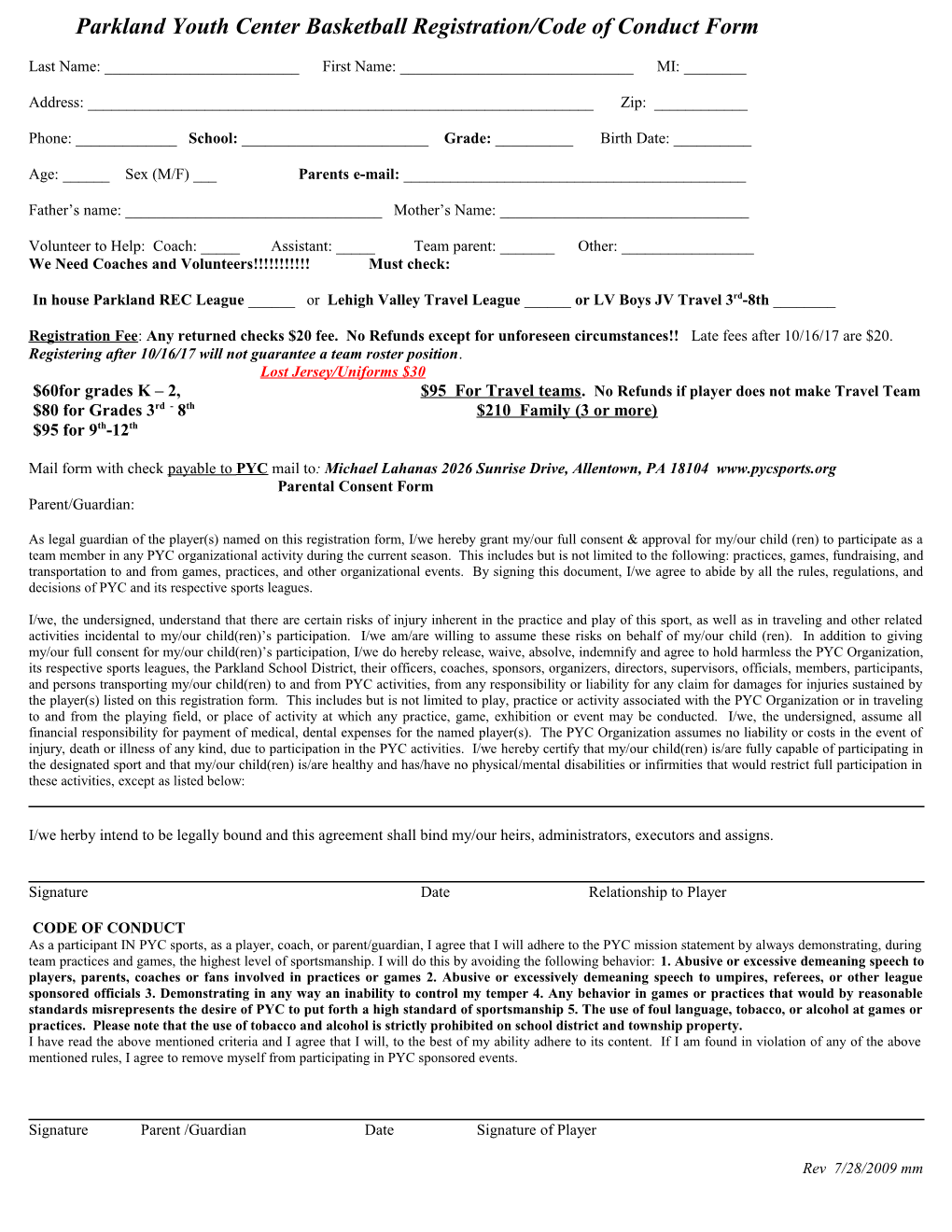 Parkland Youth Center Basketball Registration Form