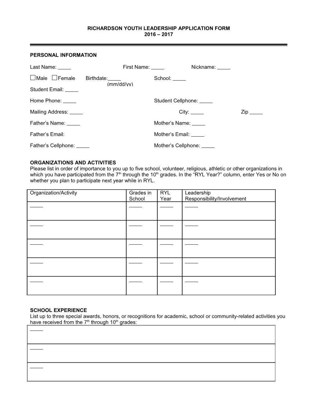 Richardson Youth Leadership Application Form