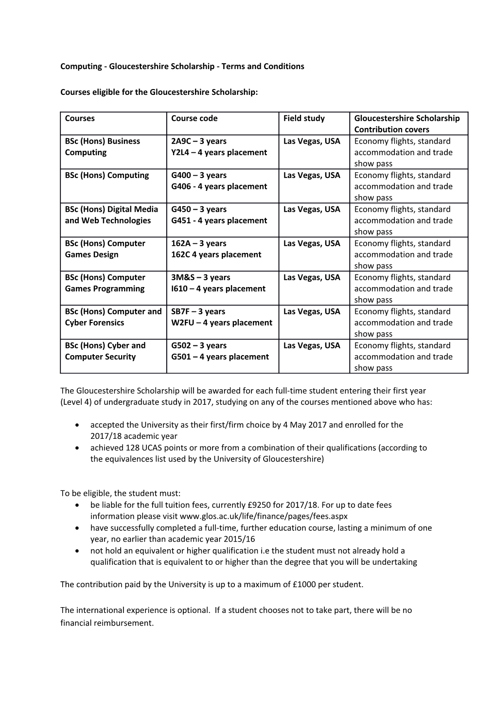 Computing - Gloucestershire Scholarship - Terms and Conditions