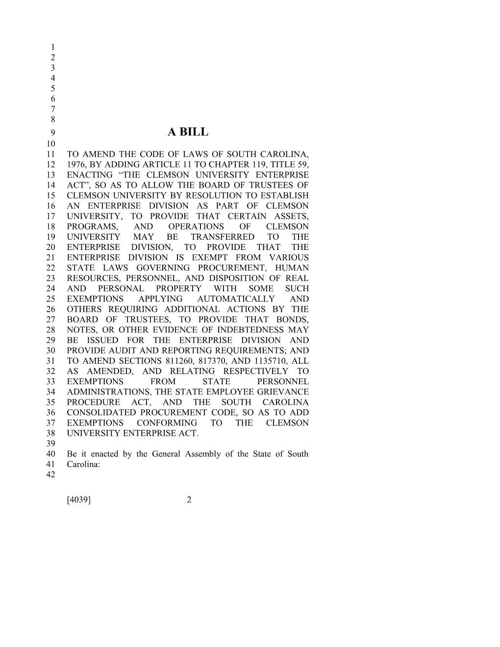 2013-2014 Bill 4039: Clemson University Enterprise Act - South Carolina Legislature Online