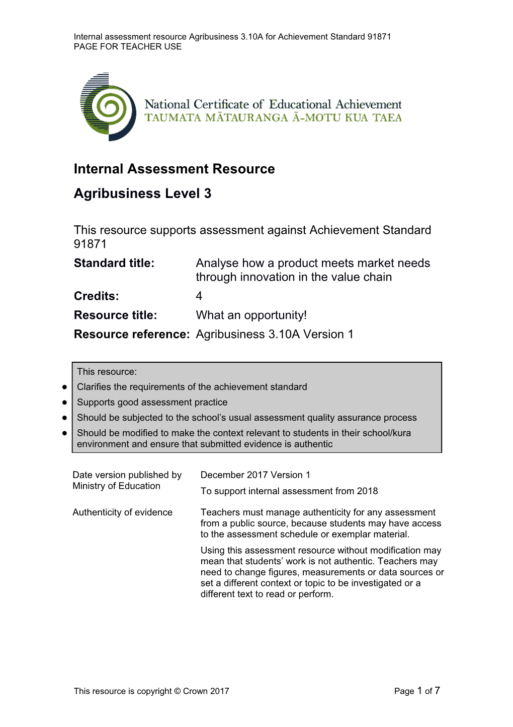 Internal Assessment Resource Agribusiness Level 3