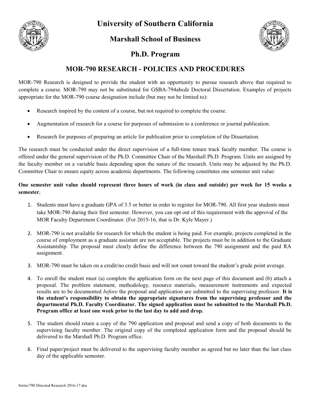 Mor-790 Research - Policies and Procedures