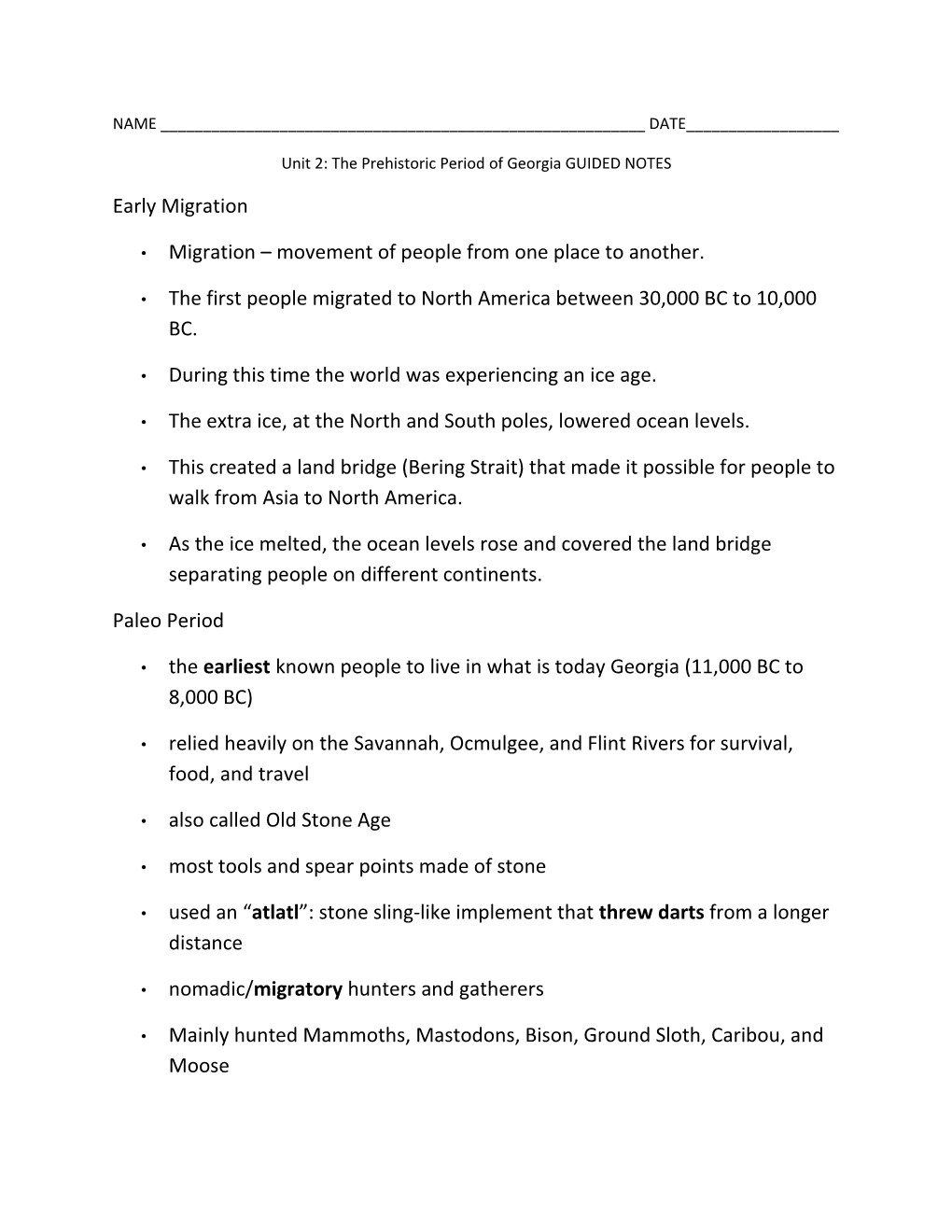 Unit 2: the Prehistoric Period of Georgia GUIDED NOTES