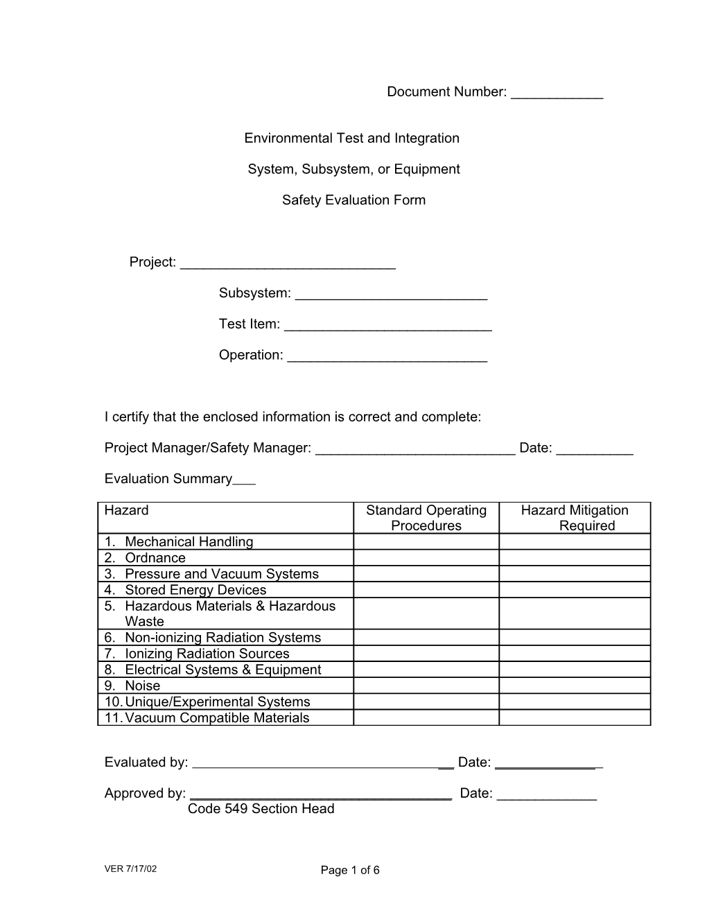 Code 750 Evaluation Form of Test Articles