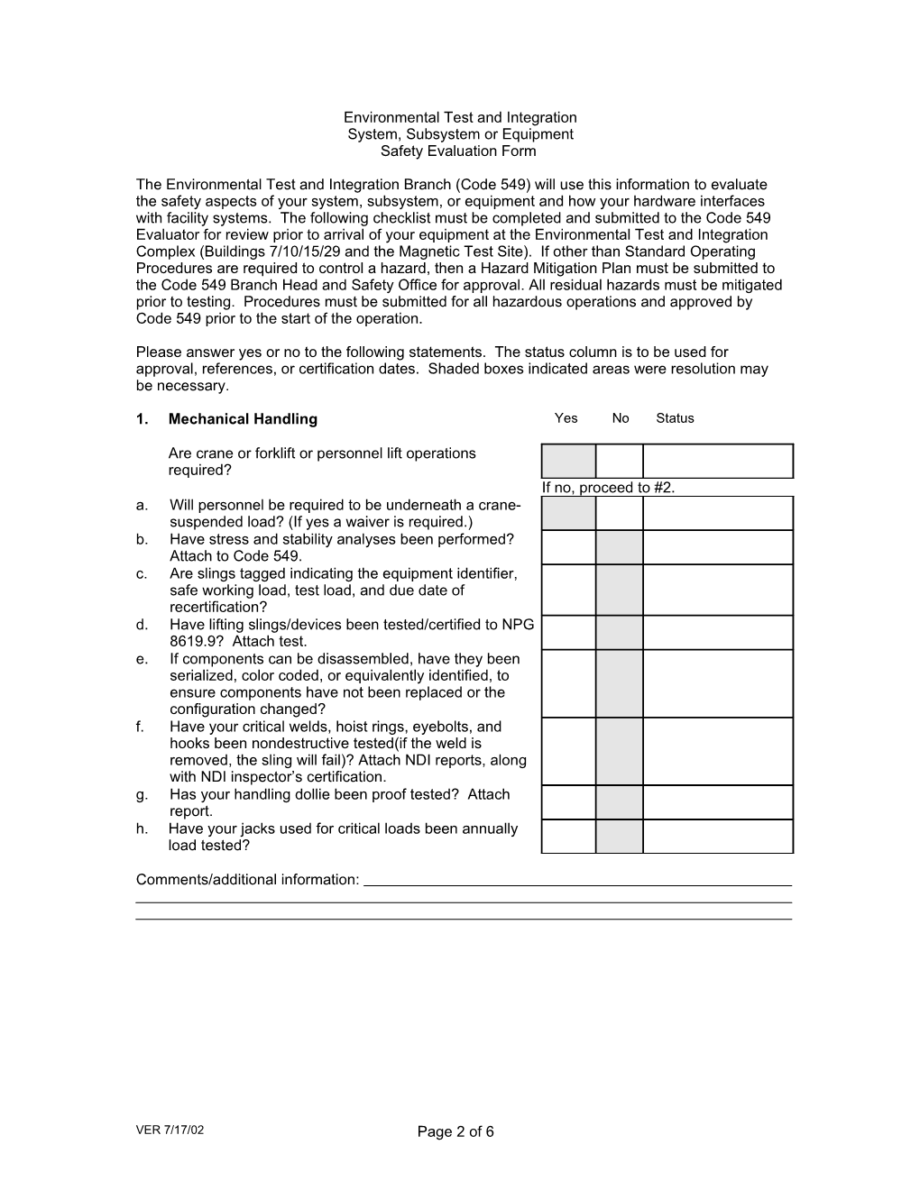 Code 750 Evaluation Form of Test Articles
