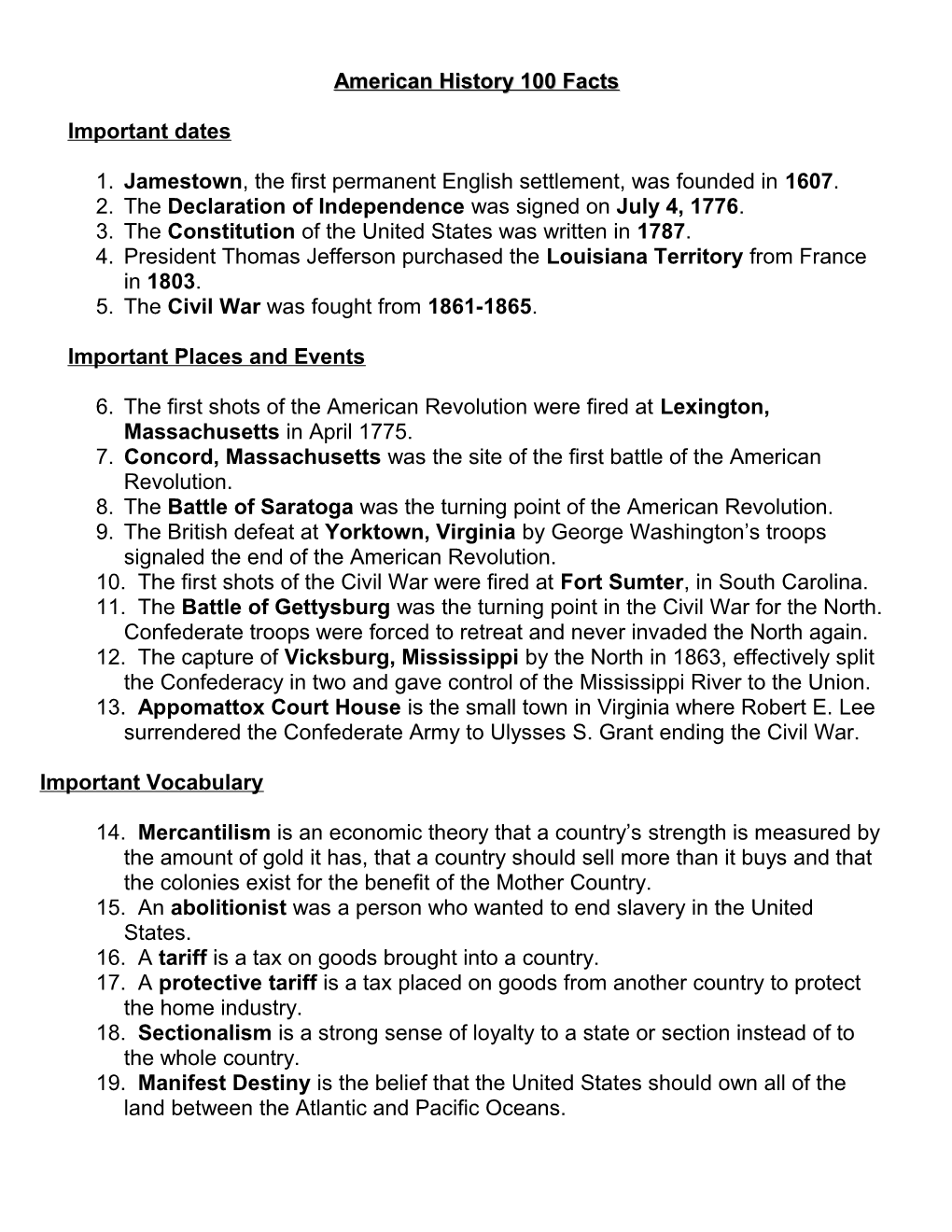 American History 100 Facts