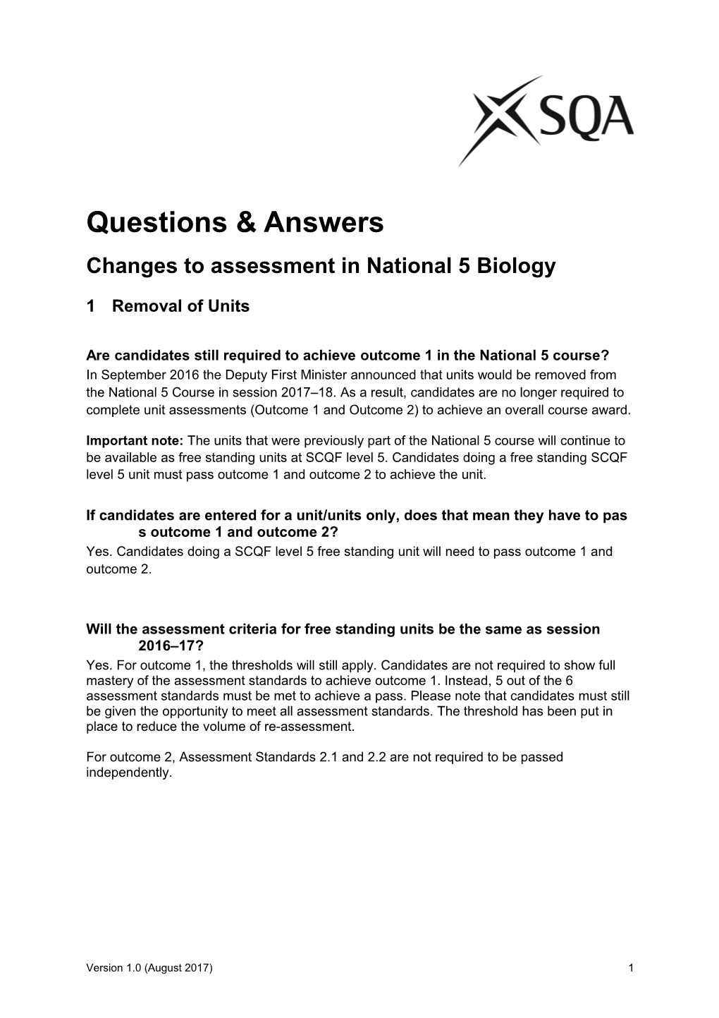 Changes to Assessment in National 5 Biology