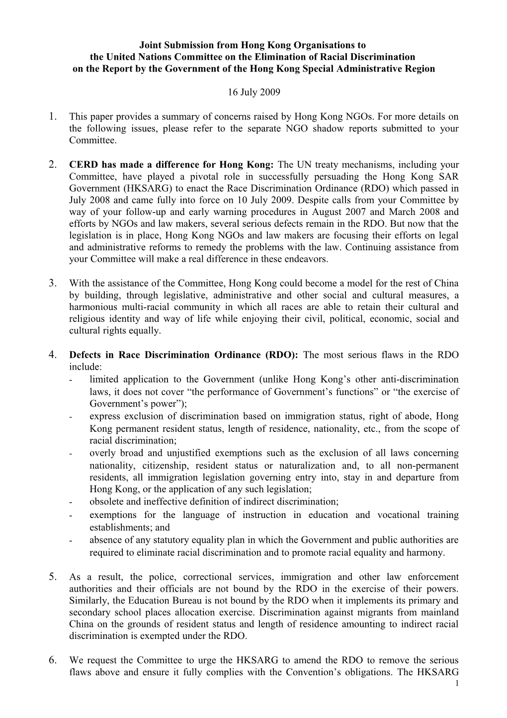 Joint Submission from Hong Kong Organisations to the United Nations Committee on the Elimination