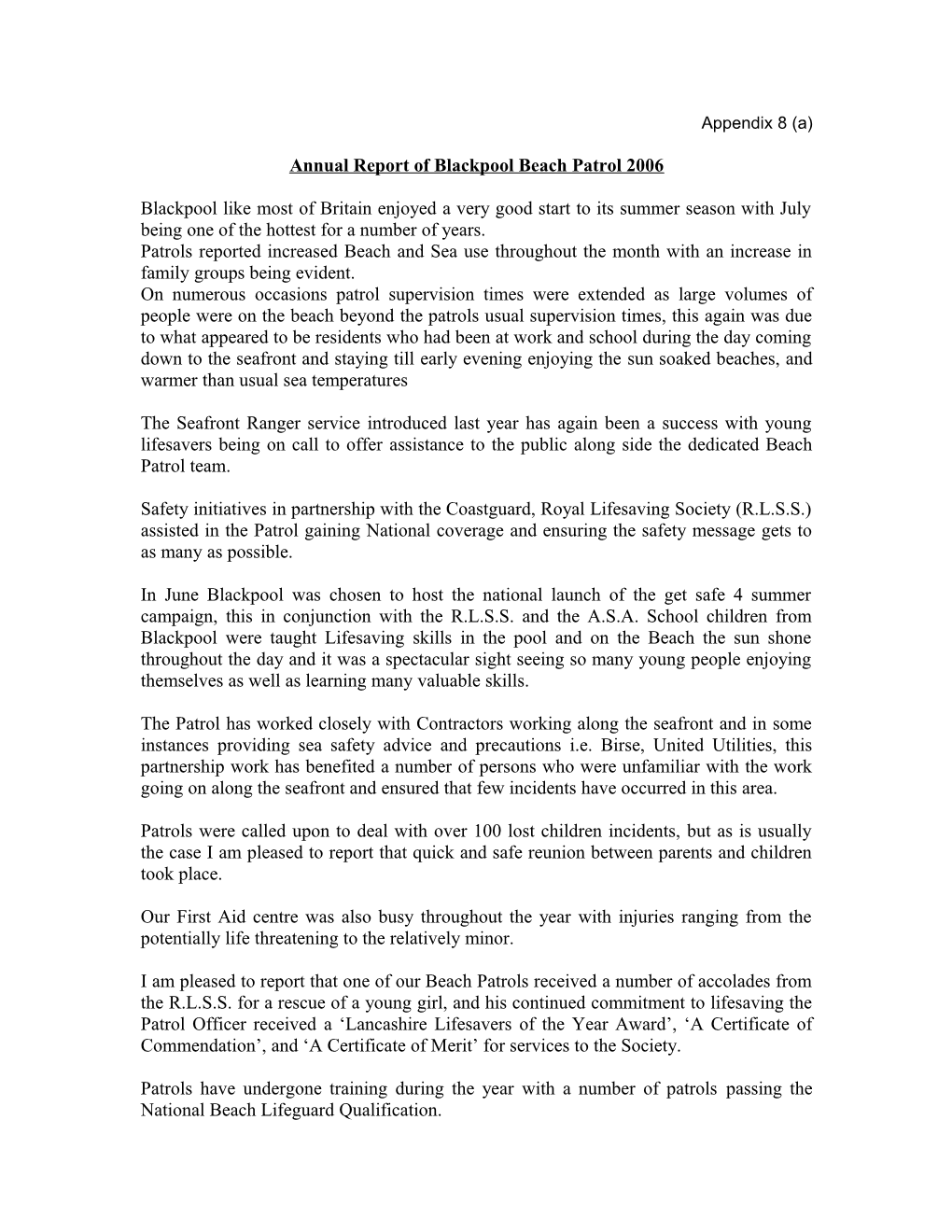 Annual Report of Blackpool Beach Patrol 2006