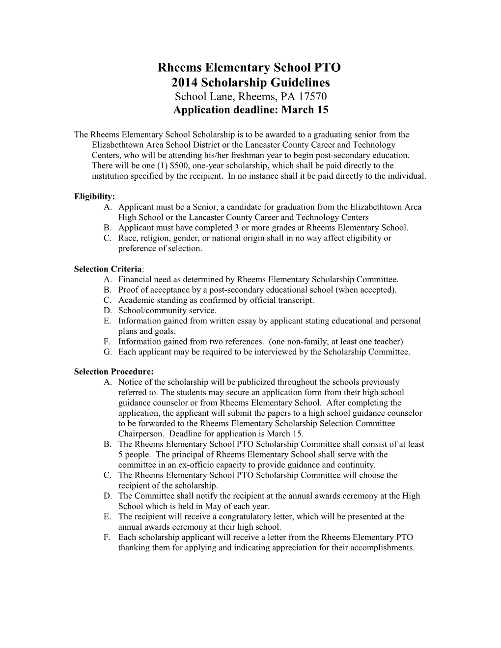 Rheems Elementary School PTO Scholarship Guidelines