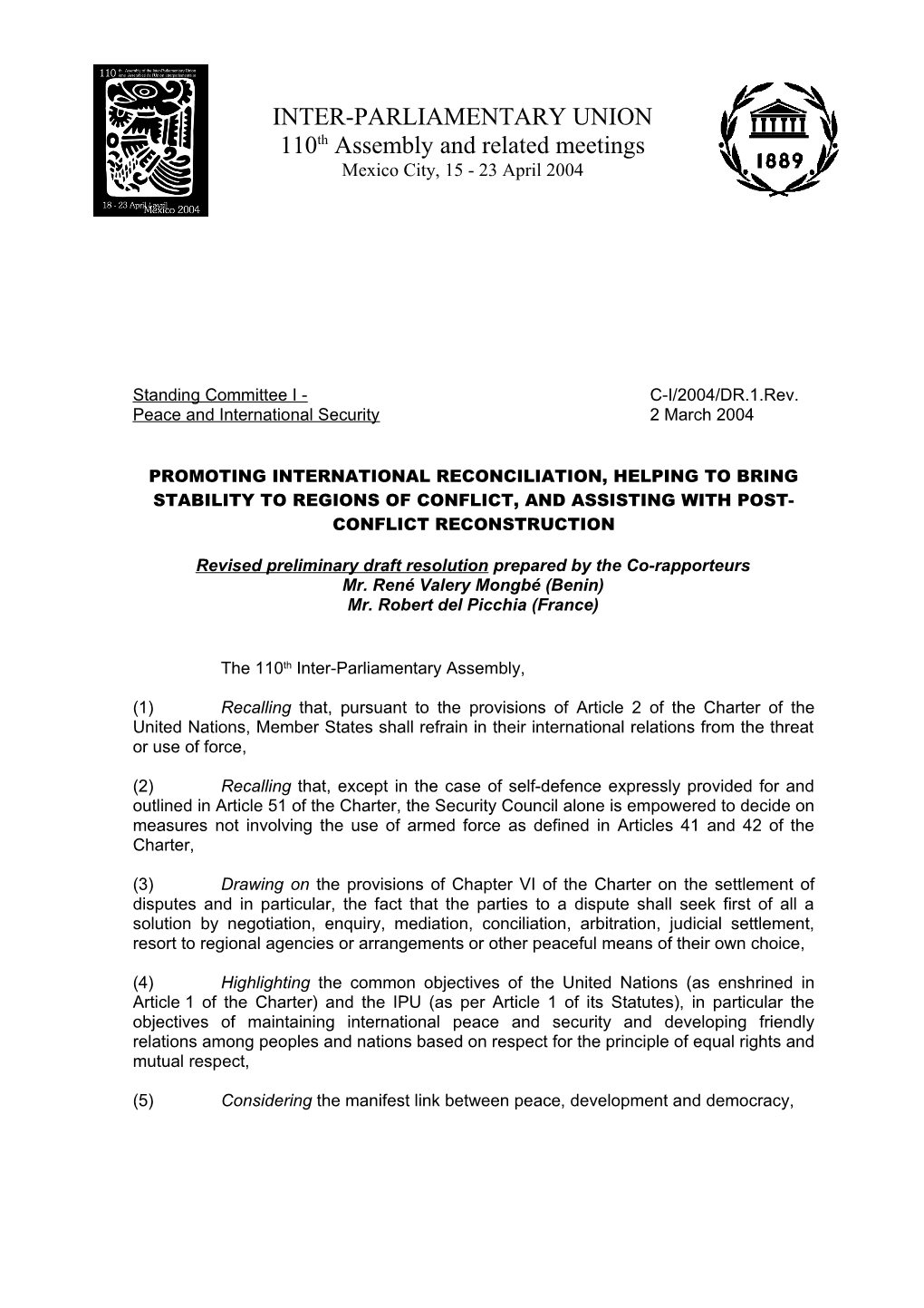Revised Preliminary Draft Resolution Prepared by the Co-Rapporteurs