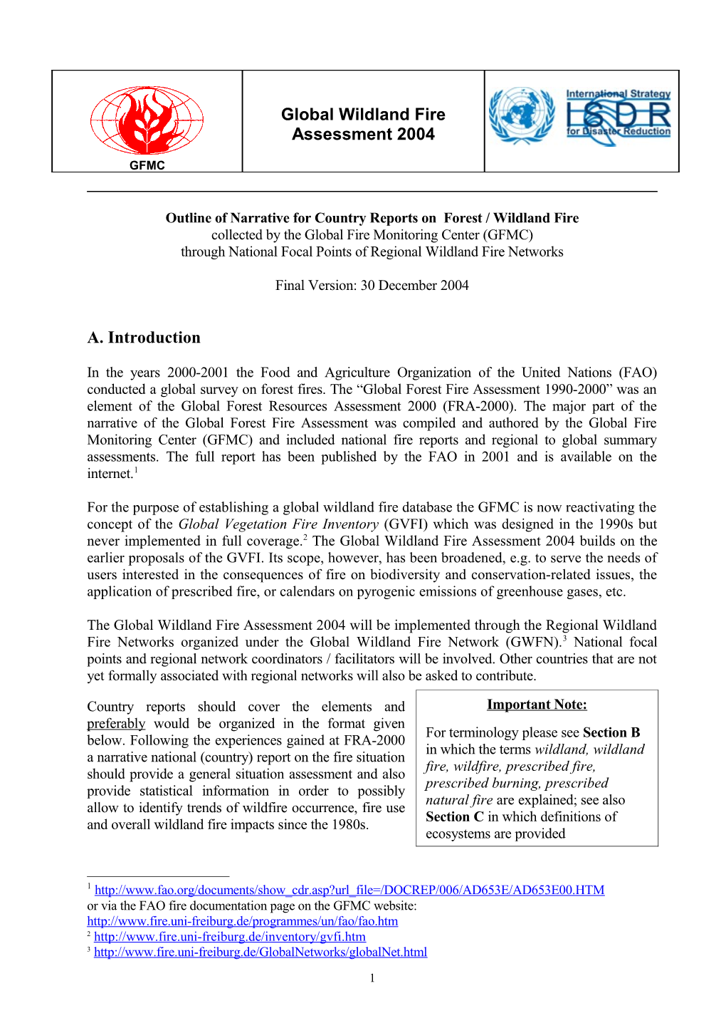 Outline of Narrative for Country Reports on Forest / Wildland Fire