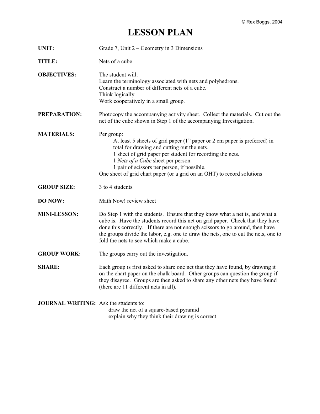 UNIT:Grade 7, Unit 2 Geometry in 3 Dimensions