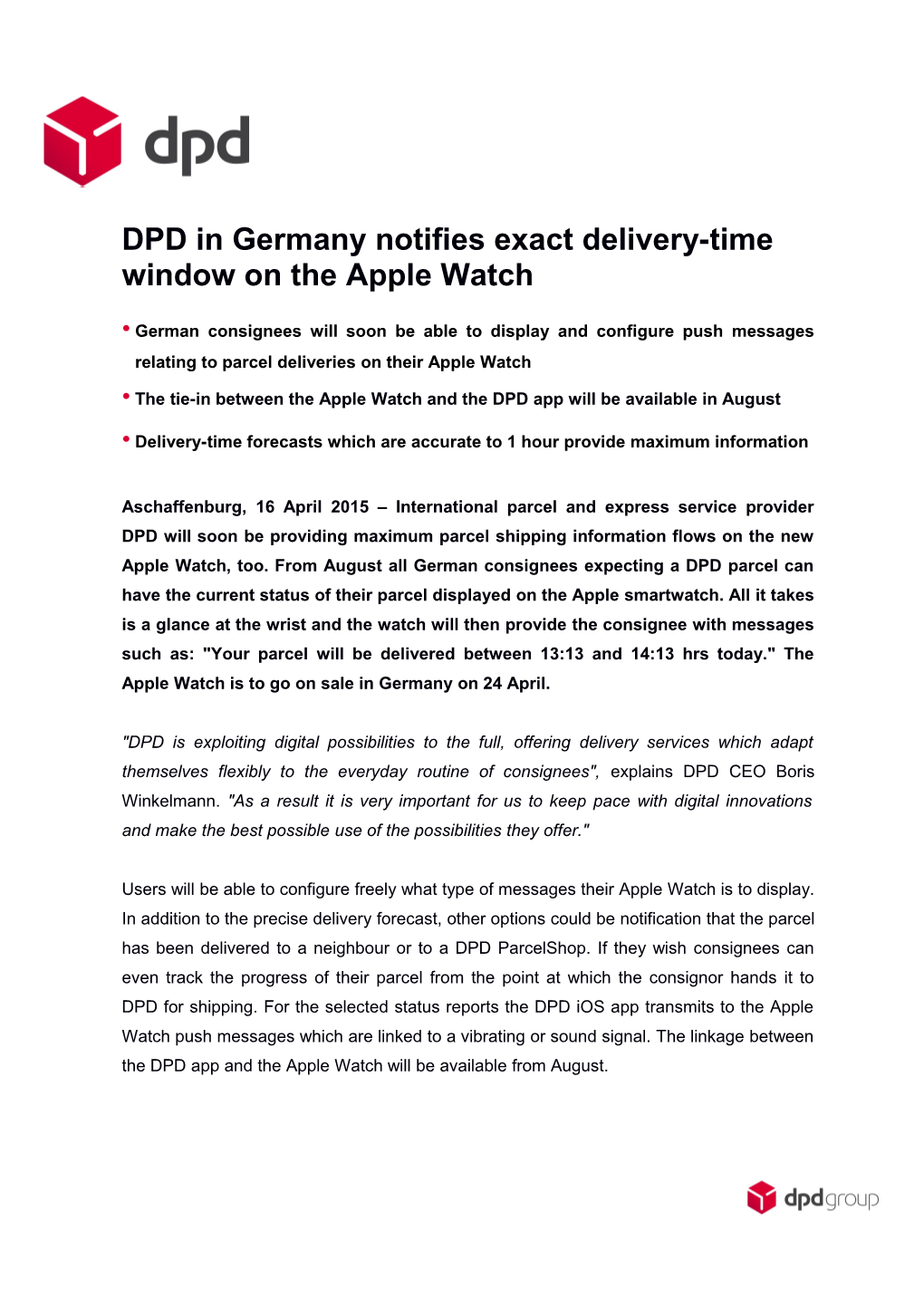 DPD in Germany Notifies Exact Delivery-Time Window on the Apple Watch