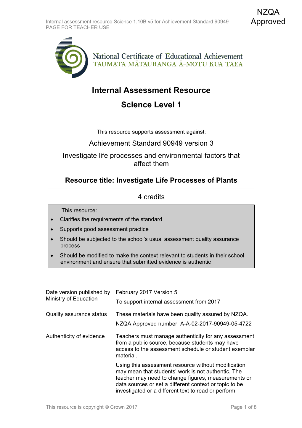 Level 1 Science Internal Assessment Resource