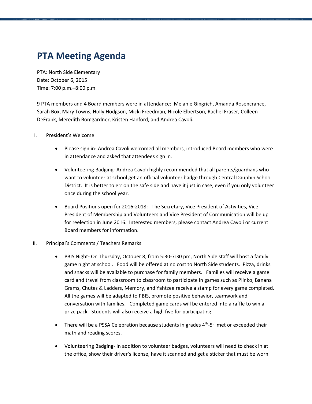 PTA Meeting Agenda