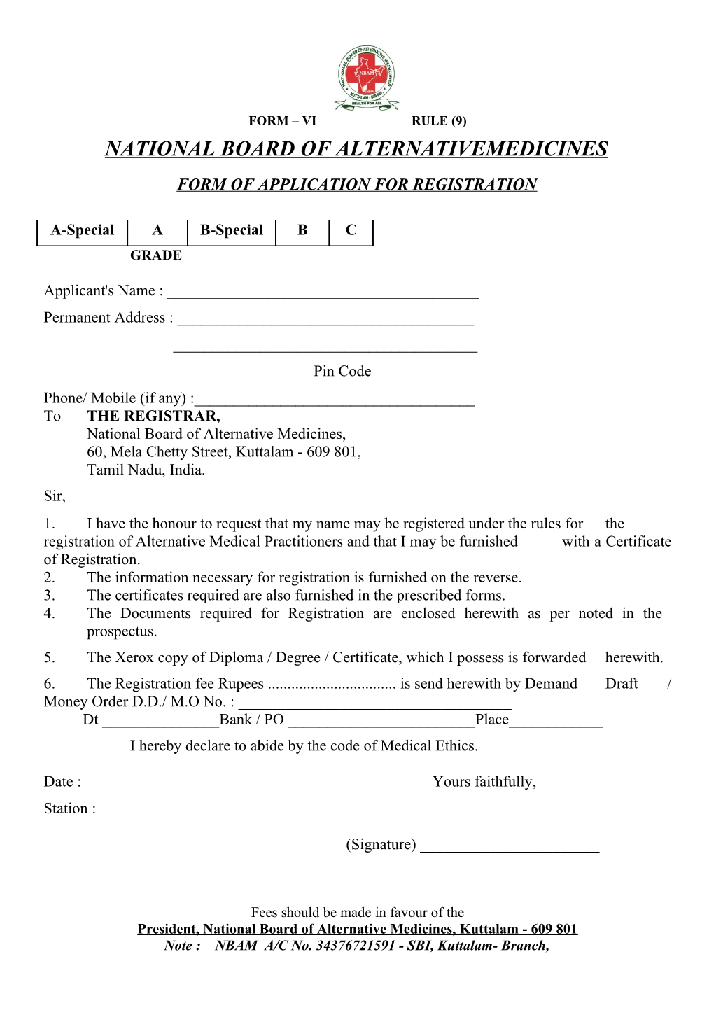 Form of Application for Registration