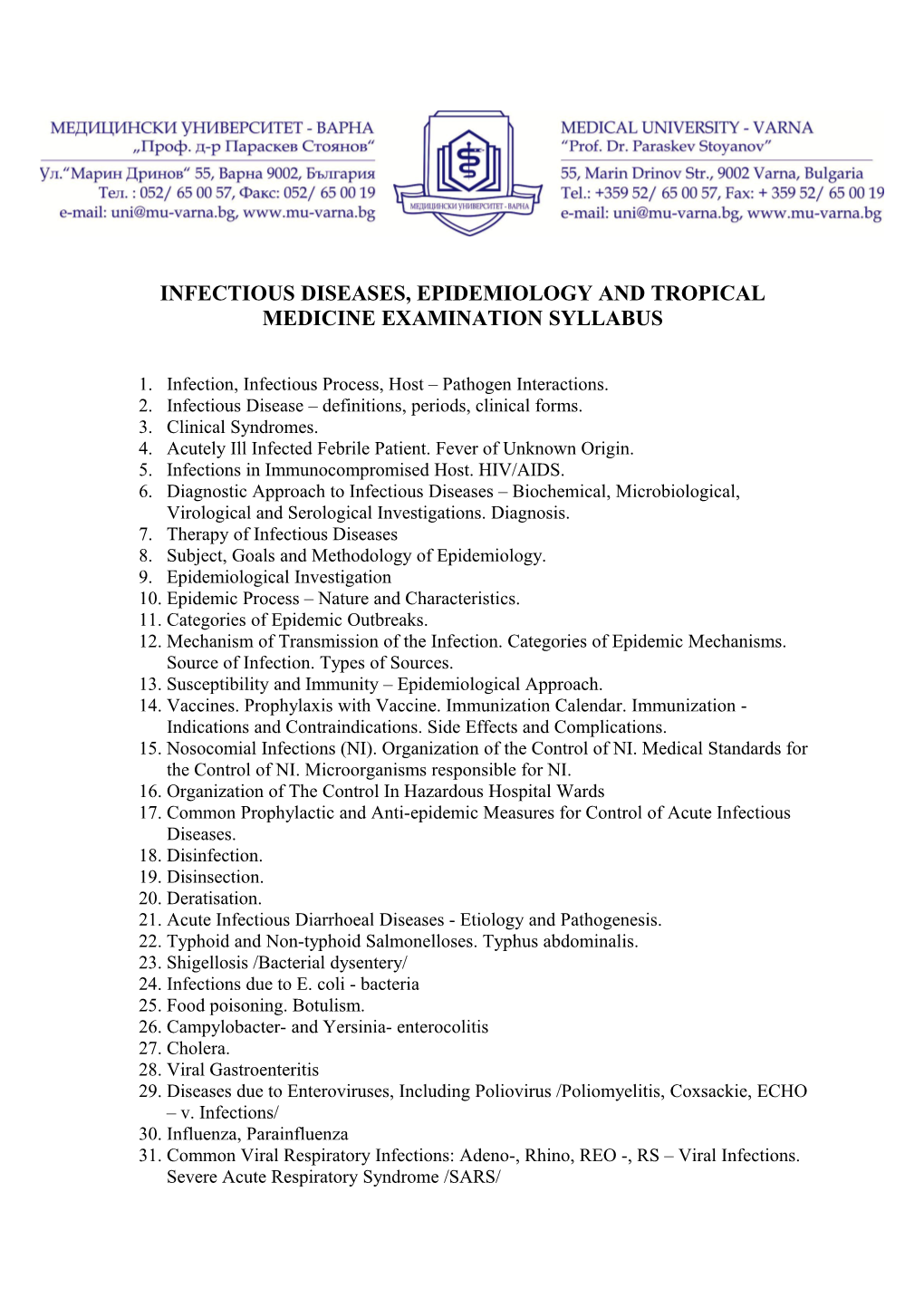 Infectious Diseases, Epidemiology and Tropical Medicine Examination Syllabus