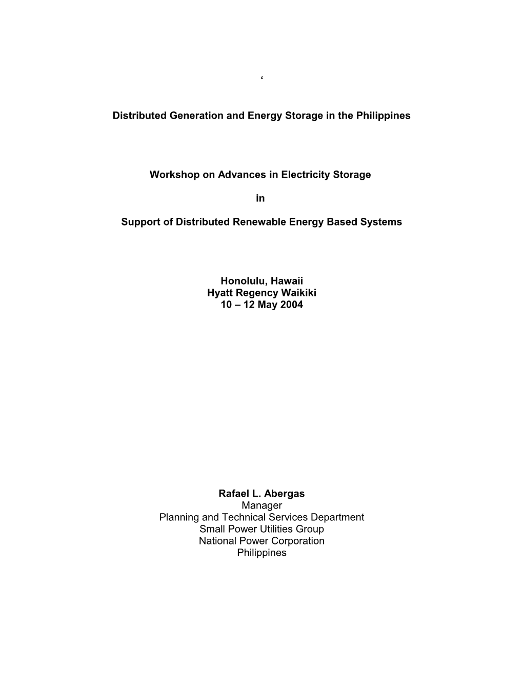 Distributed Generation and Energy Storage in the Philippines