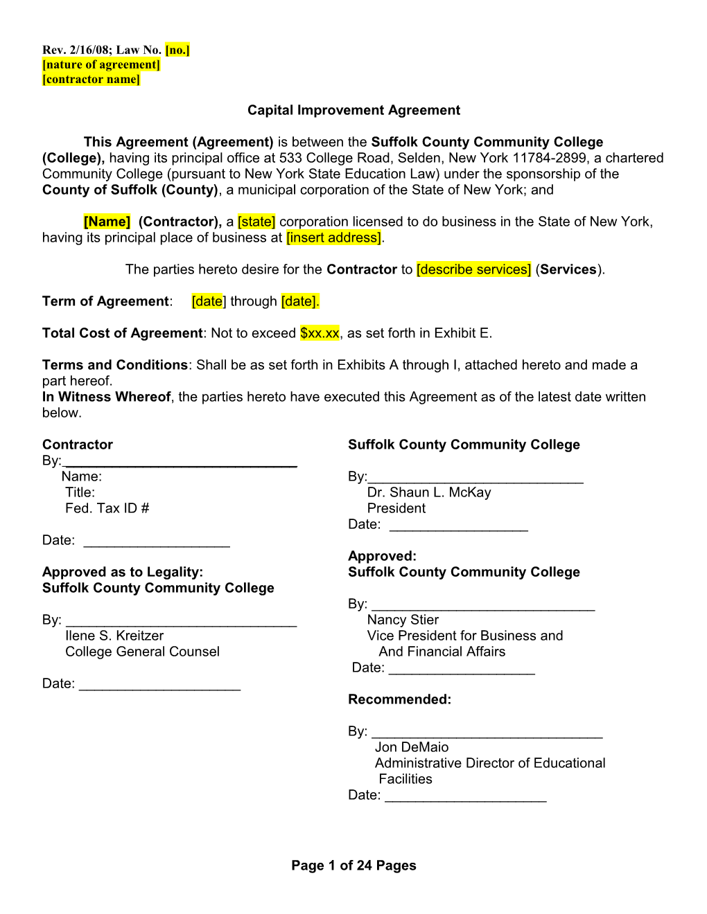 Model Agreement for College