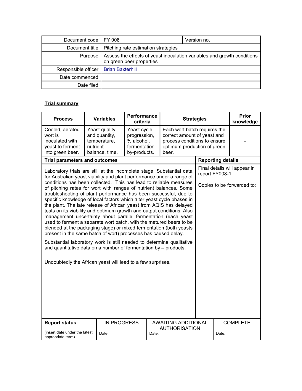 Trial Parameters and Outcomes