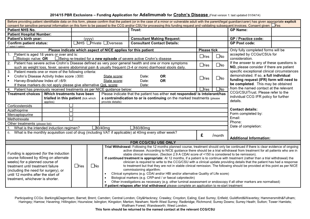 PBR Exclusions 2006/07 Funding Application for Etanercept Or Infliximab for the Treatment