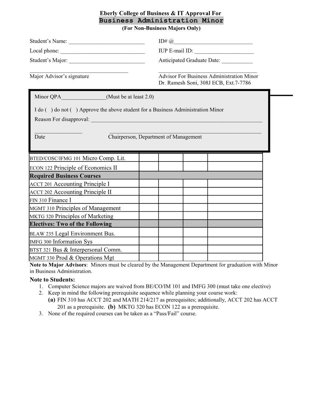 College of Business Approval for Business Administration Minor