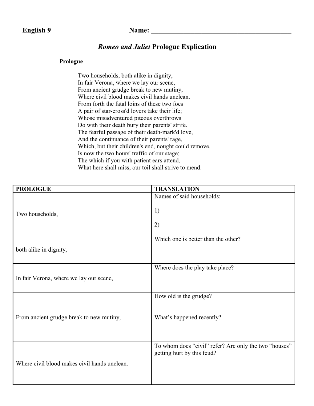 Romeo and Juliet Prologue Worksheet