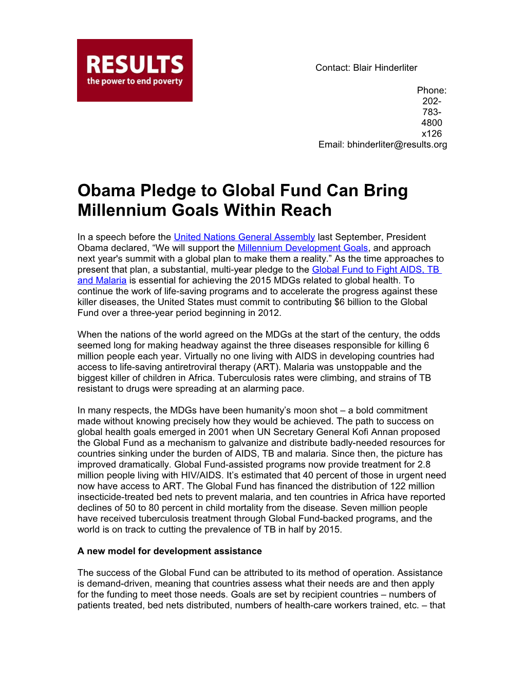 Obama Pledge to Global Fund Can Bring Millennium Goals Within Reach
