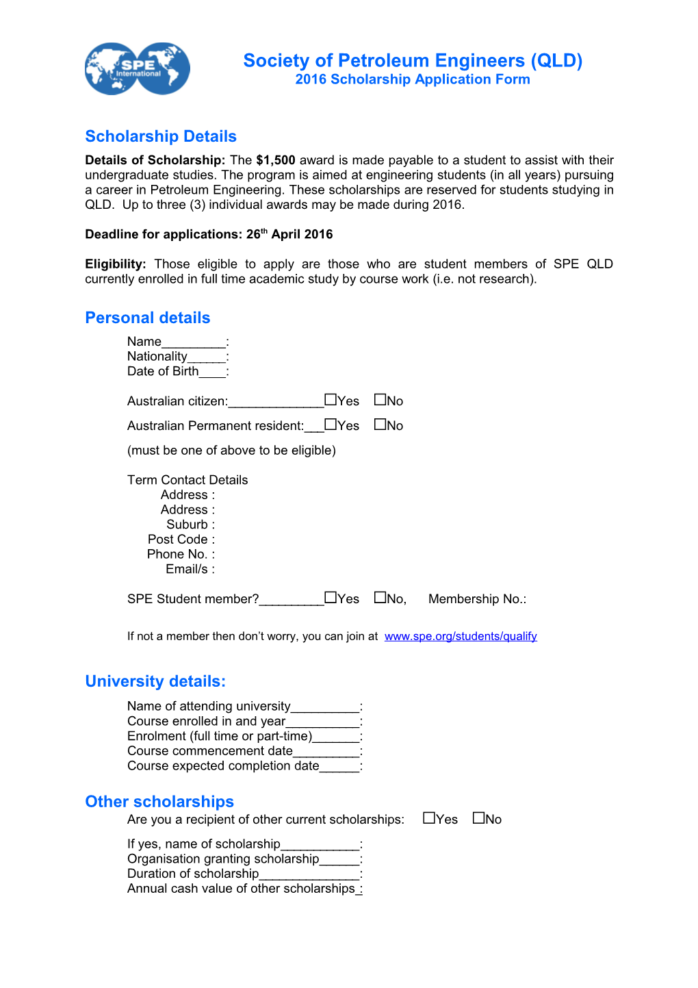 2016 Scholarship Application Form