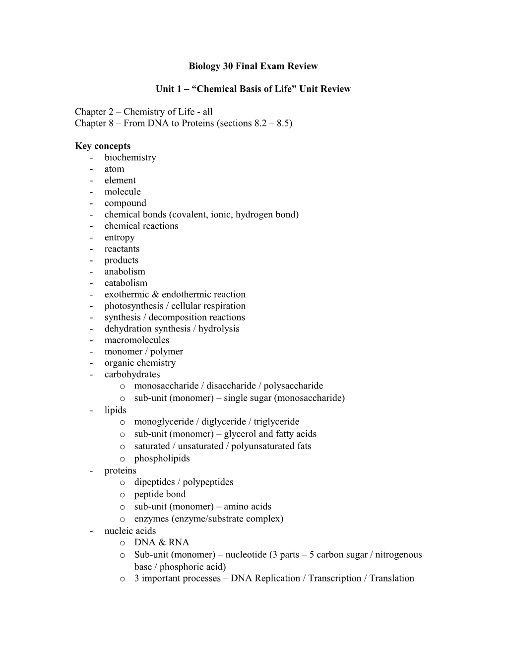 Biology 30 Final Exam Review