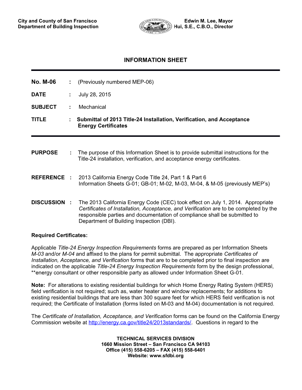 TITLE : Submittal of 2013 Title-24 Installation, Verification, and Acceptance