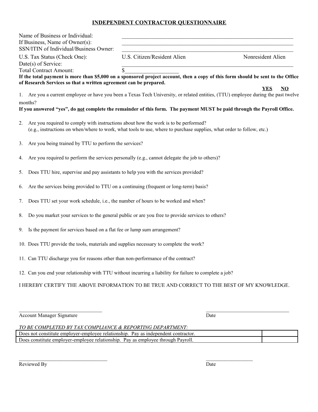 Independent Contractor Questionnaire