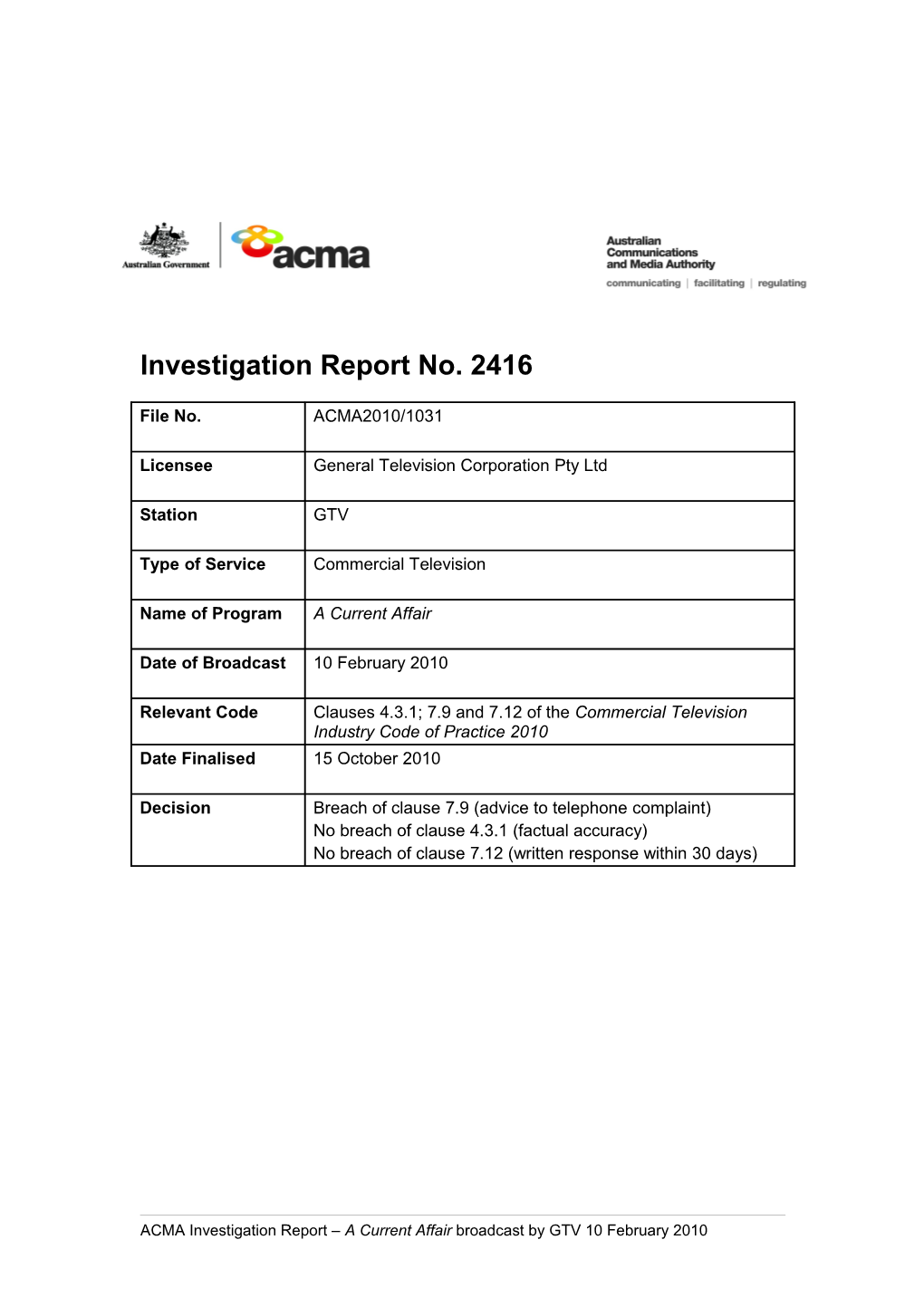 GTV - ACMA Investigation Report 2416