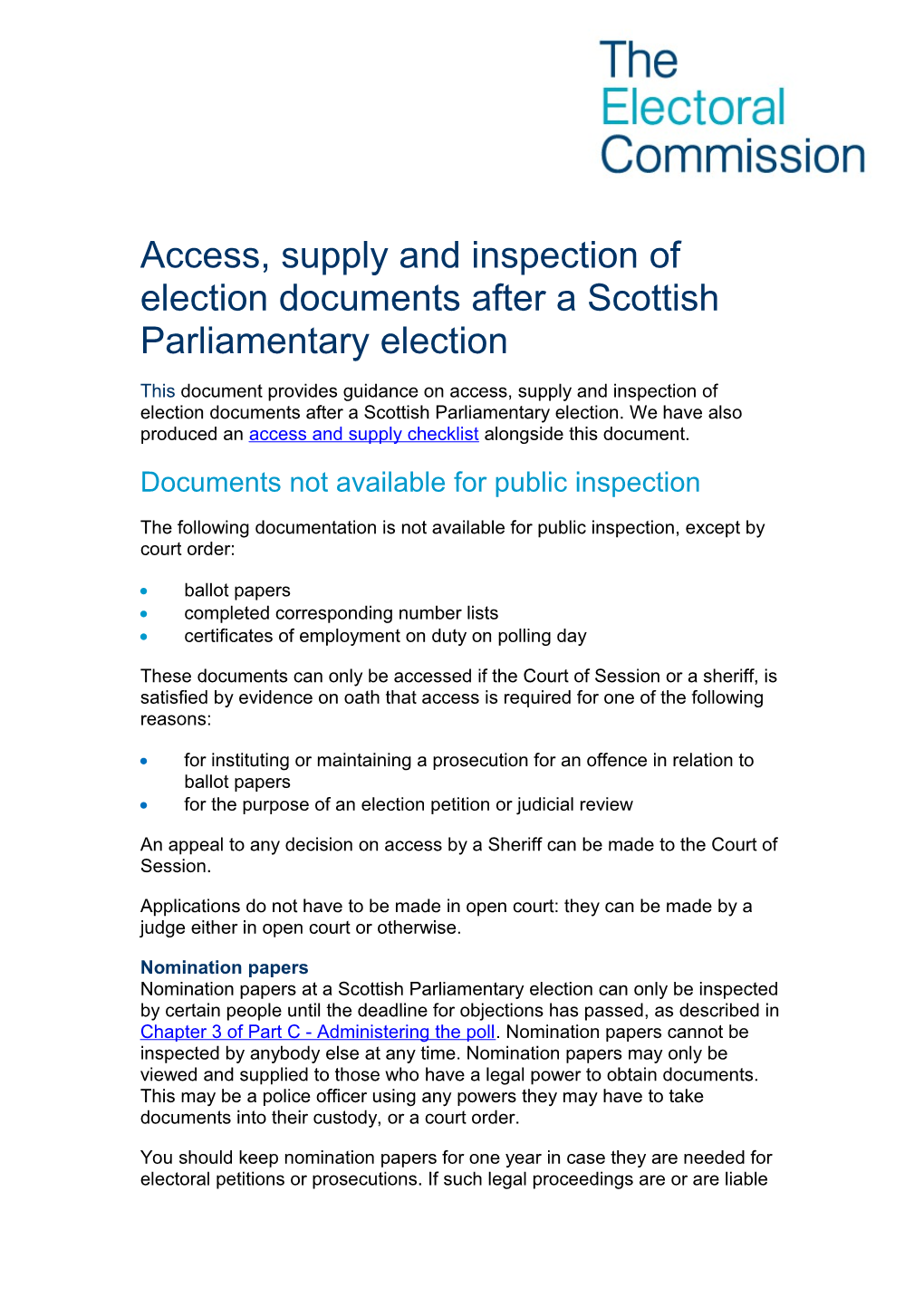 SP Guidance on the Retention and Inspection of Election Documents