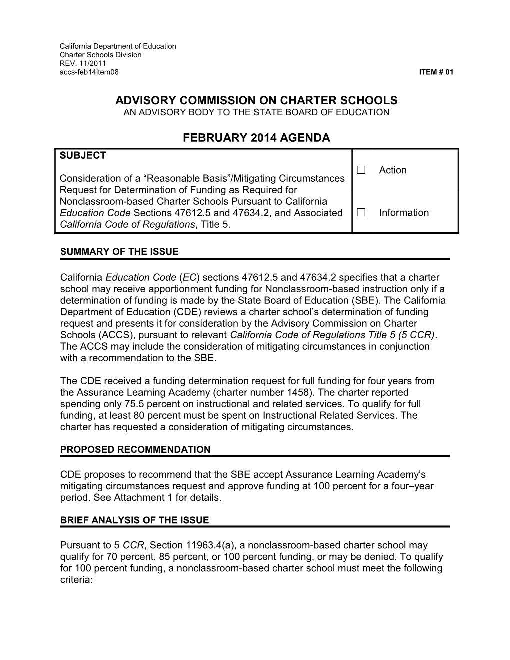 February 2014 ACCS Agenda Item 08 - Advisory Commission on Charter Schools (CA State Board