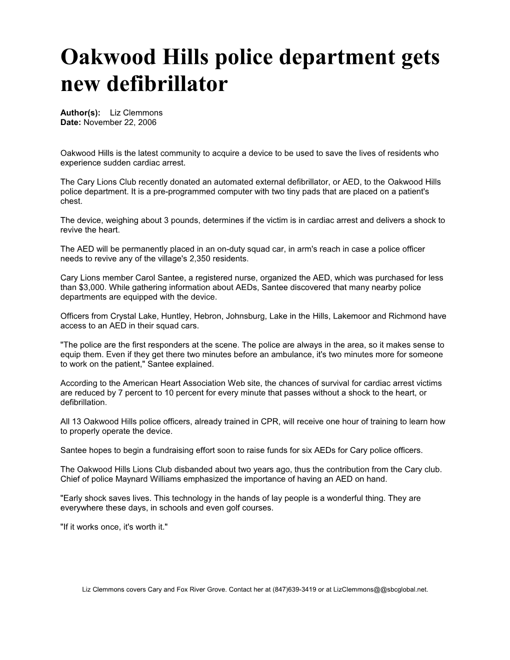 Oakwood Hills Police Department Gets New Defibrillator