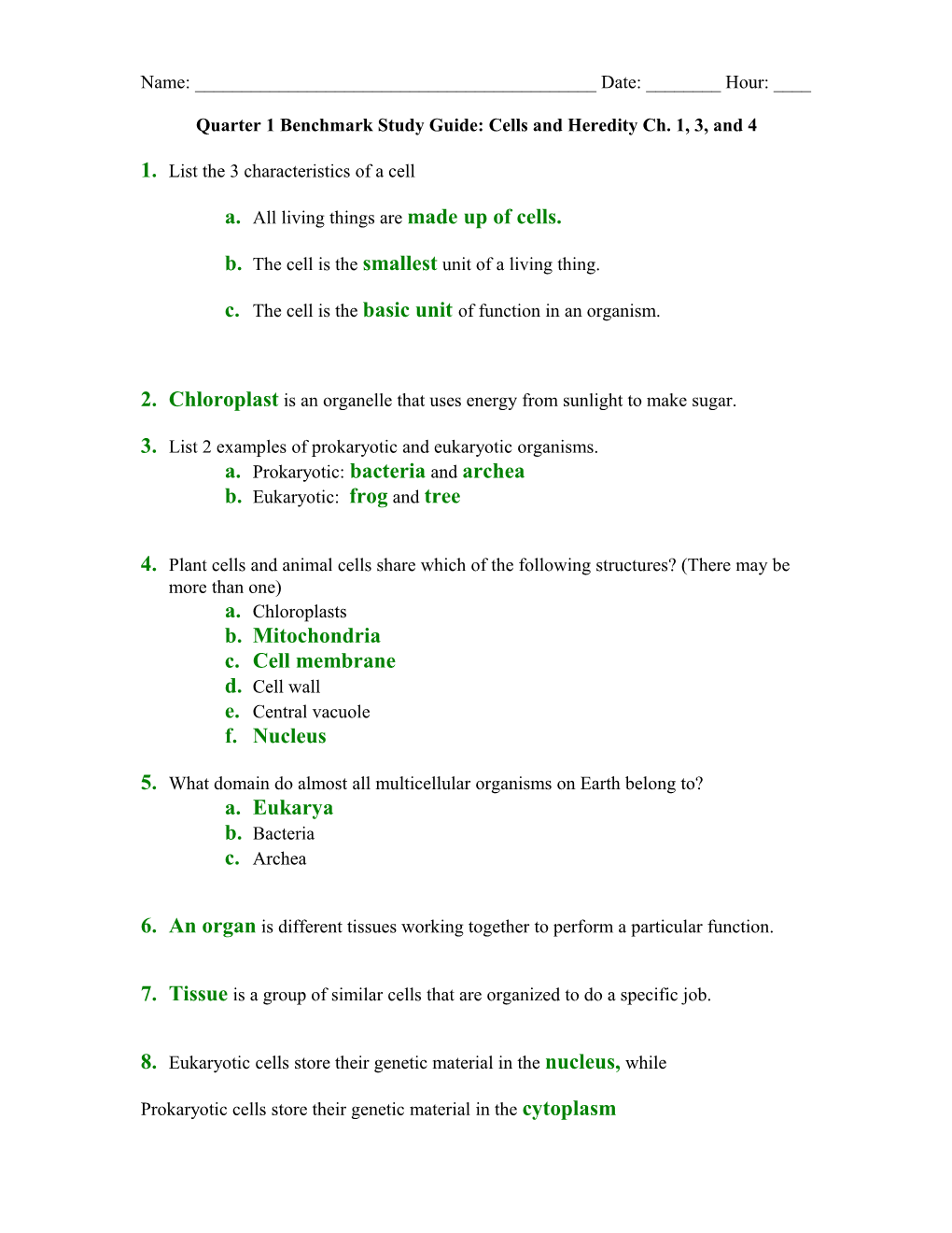 Quarter 1 Benchmark Study Guide: Cells and Heredity Ch. 1, 3, and 4