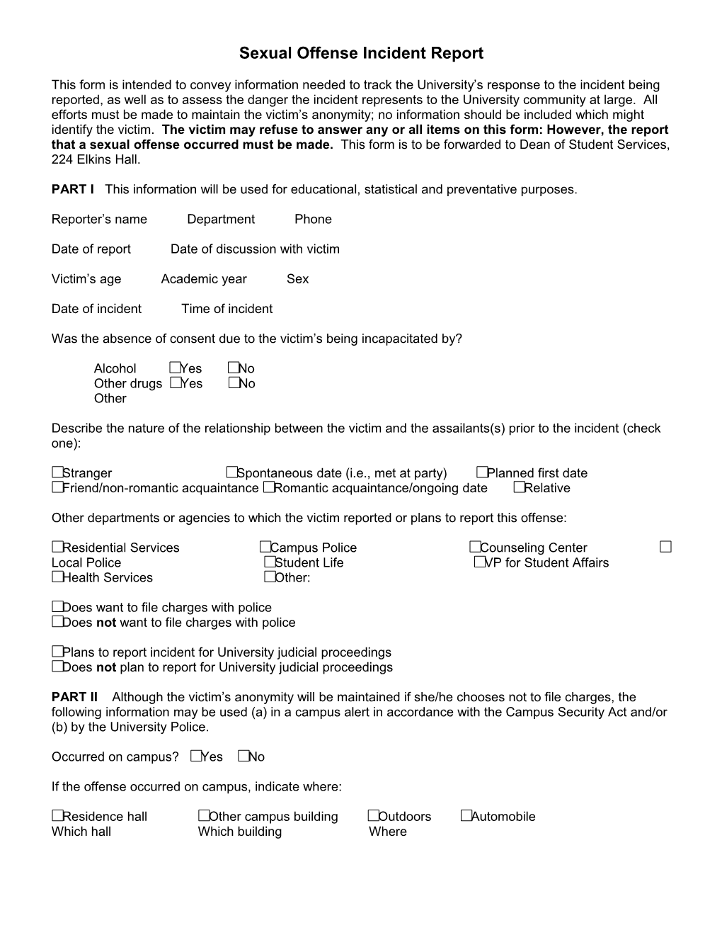 Sexual Offense Incident Report